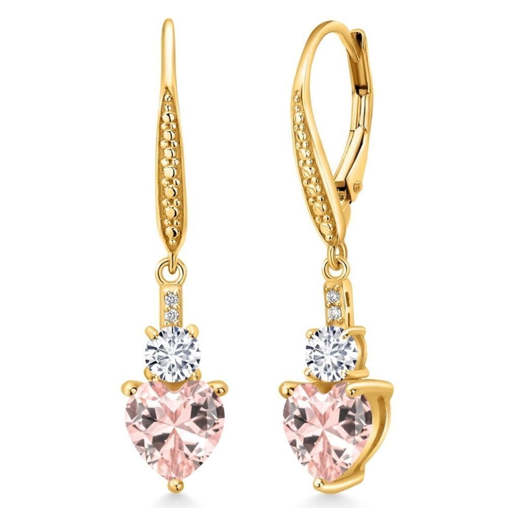 18K Yellow Gold with 3.07 Cttw Peach Morganite and Diamond Heart Drop Earrings